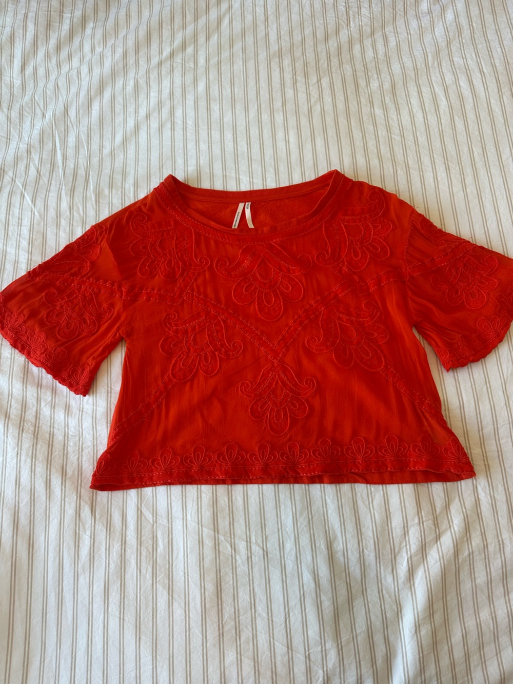 Anthropologie Sheer Front Embroidered Short Sleeve Blouse